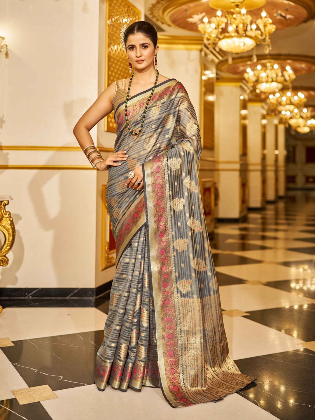 

Krimmple Woven Design Zari Organza Saree, Grey