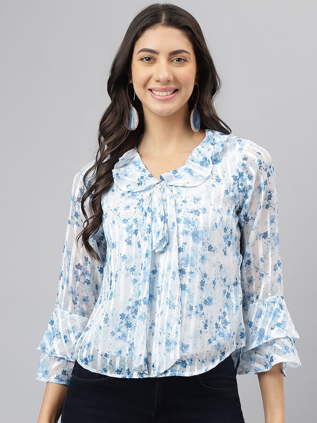 

Latin Quarters Women Floral Printed Tie-Up Neck Top, Blue