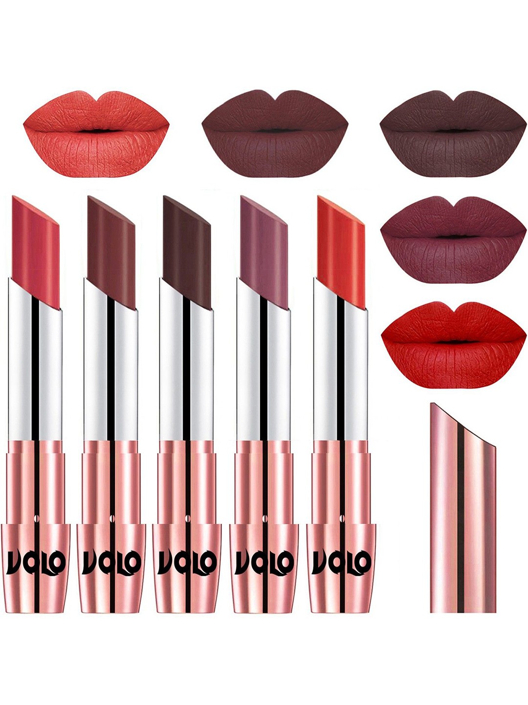 

VOLO Set Of 5 Creme Matte Lipstick-3.5 g Each-Peach-Coffee-Chocolate-Plum-Orange, Red