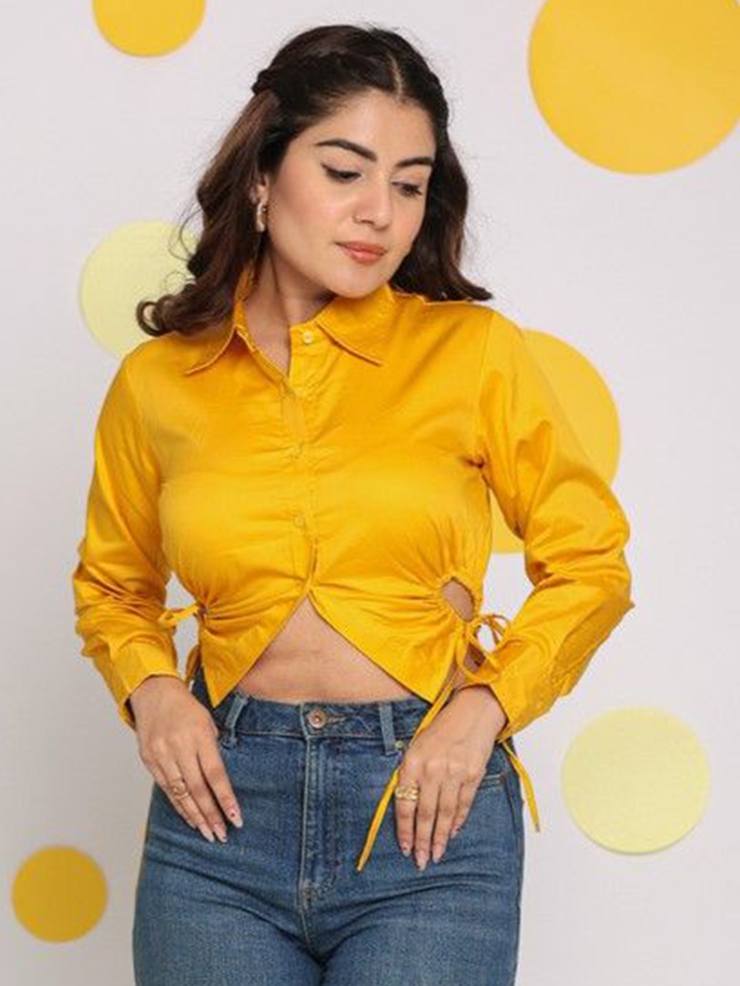 

KAORI BY SHREYA AGARWAL Women Solid Shirt Collar Cotton Top, Yellow