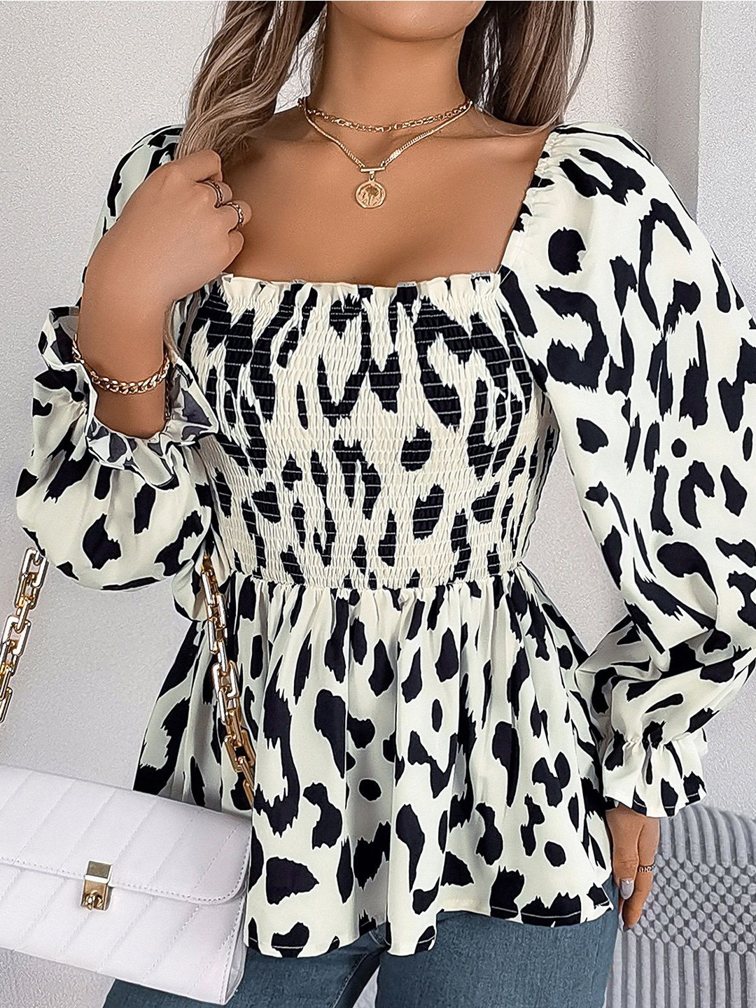 

HERE&NOW Women Abstract Printed Square Neck Top, White