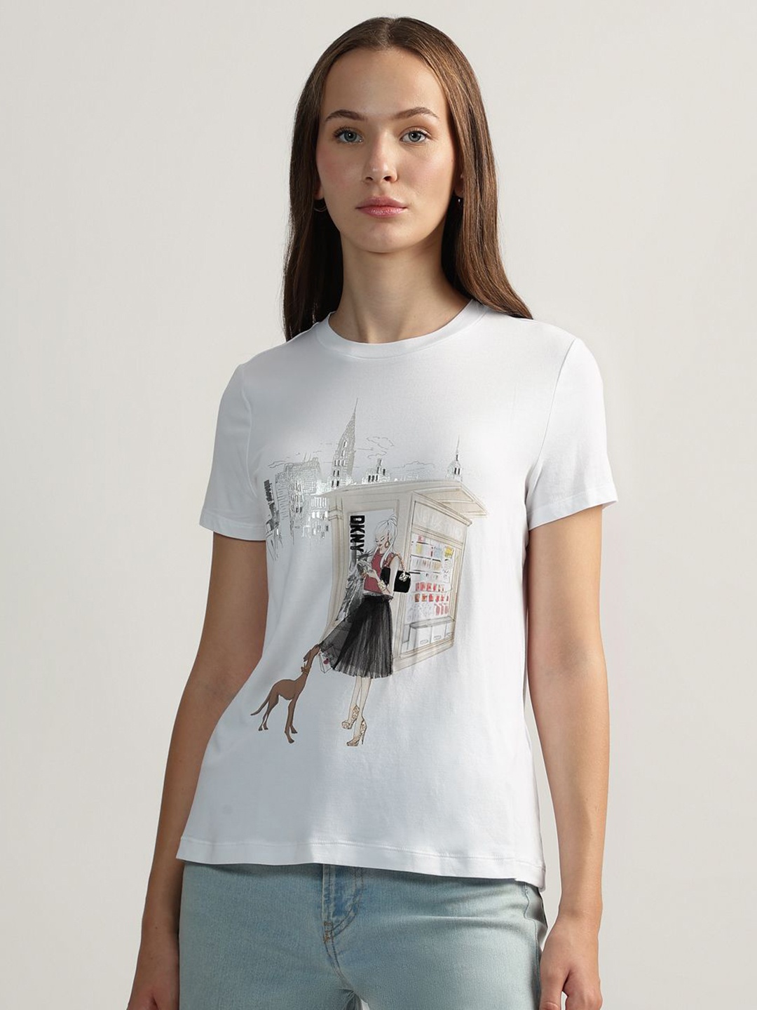 

DKNY Women Graphic Printed Round Neck Cotton T-shirt, White