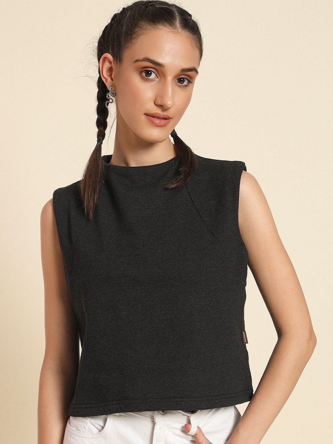 

PockMAN Women Self Design Round Neck Cotton Top, Charcoal