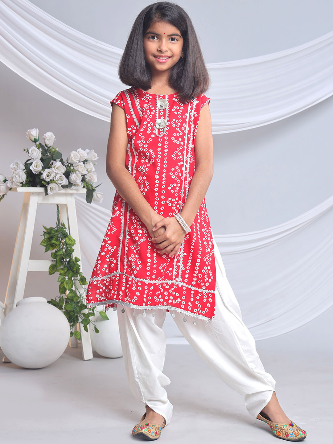 

misbis Girls Bandhani Printed Gotta Patti Pure Cotton Straight Kurta With Dhoti Pant, Red