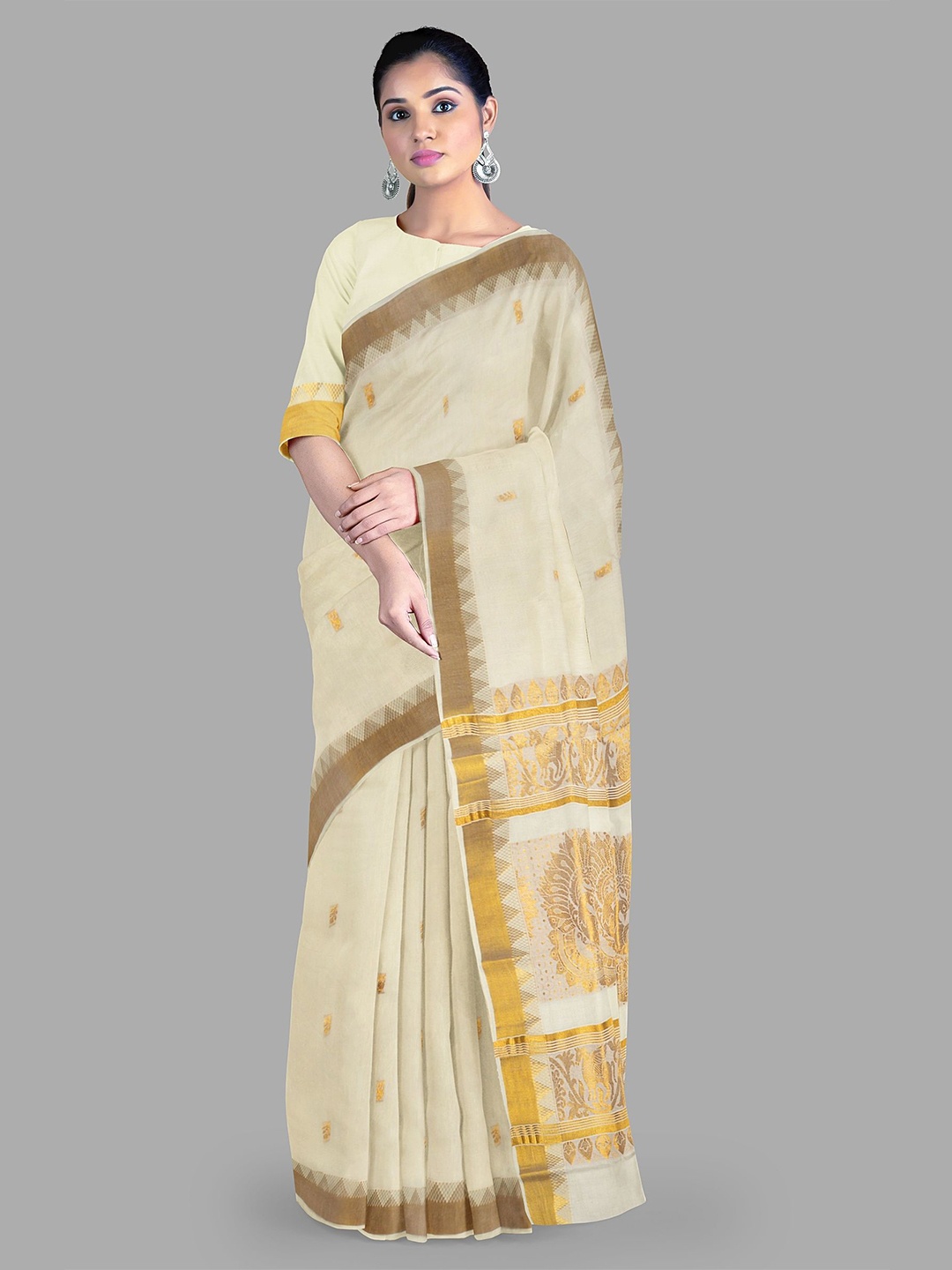 

The Chennai Silks Floral Pure Cotton Kasavu Saree, Off white