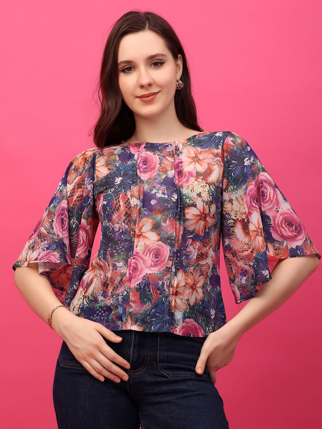 

MINOS Women Floral Printed Boat Neck Top, Blue