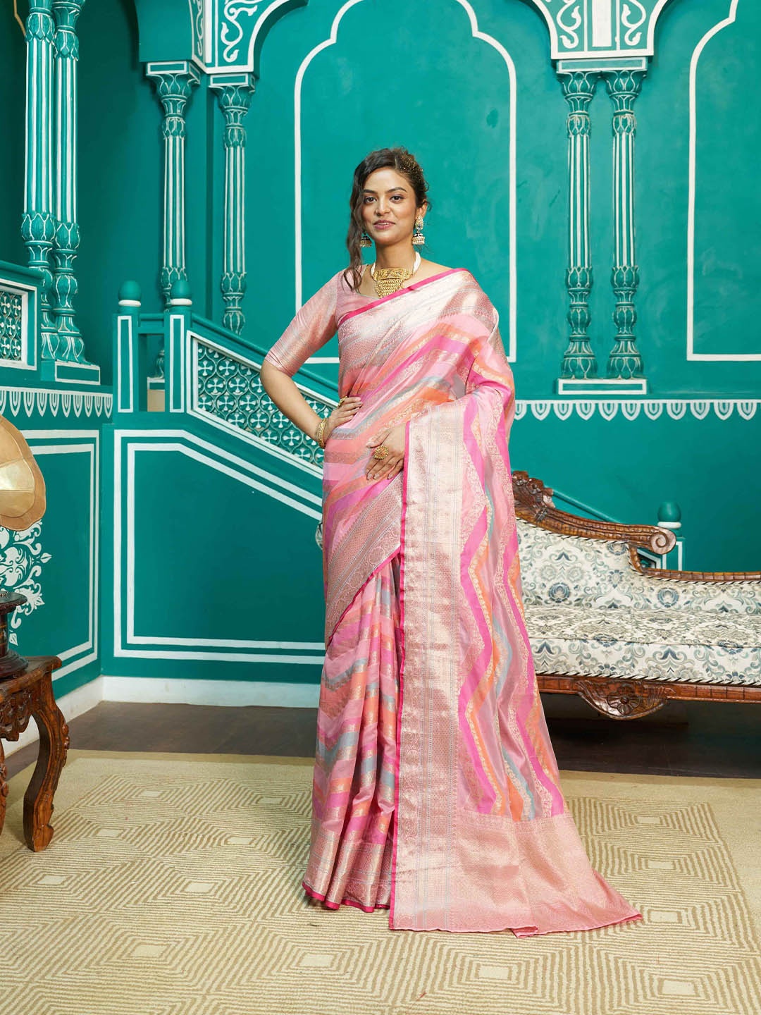 

Krimmple Woven Design Organza Festive Saree with Zari, Pink