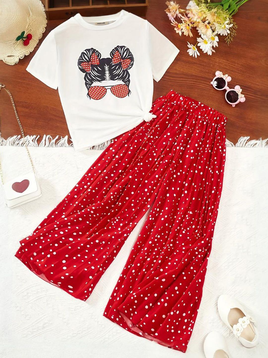 

INCLUD Girls Printed Round Neck Short Sleeves Cotton Blend Top With Palazzos, Red