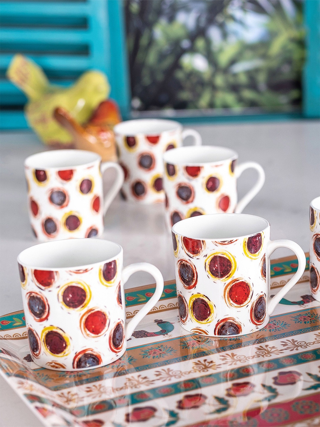 

GOODHOMES White & Red 6 Pieces Floral Printed Glossy Mugs 220 ml Each
