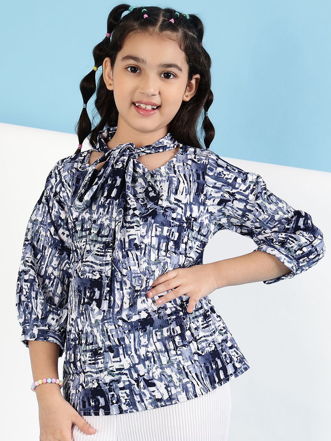 

BAESD Girls Abstract Printed Tie-Up Neck Top, Blue