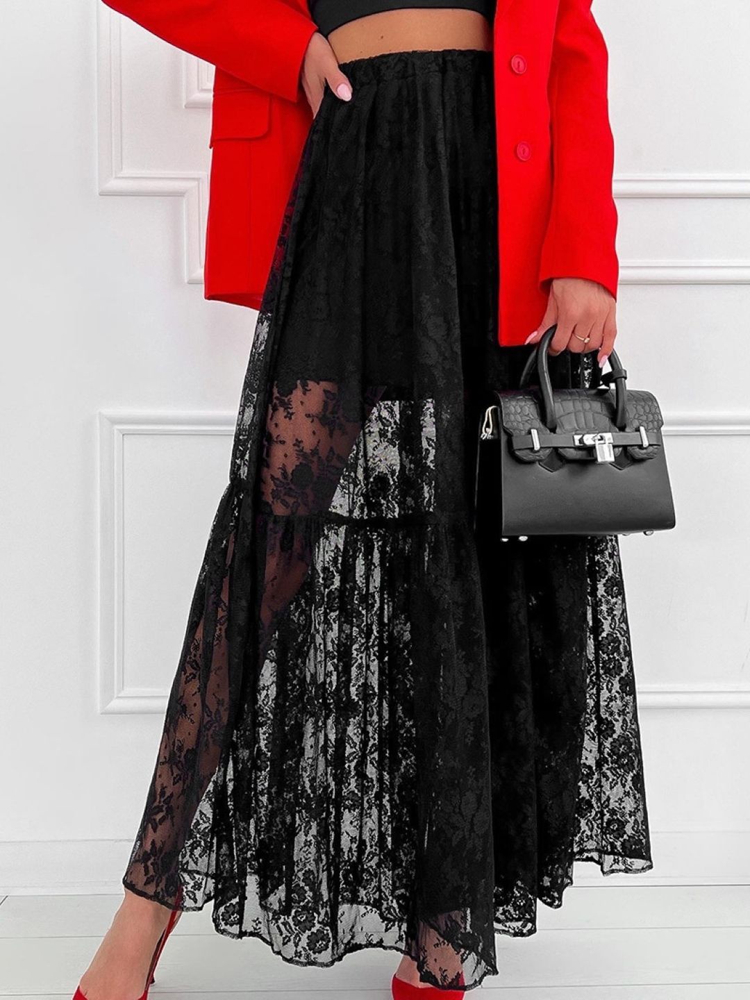

KPOP Women Self Design A-Line Slip-On Maxi Skirt, Black