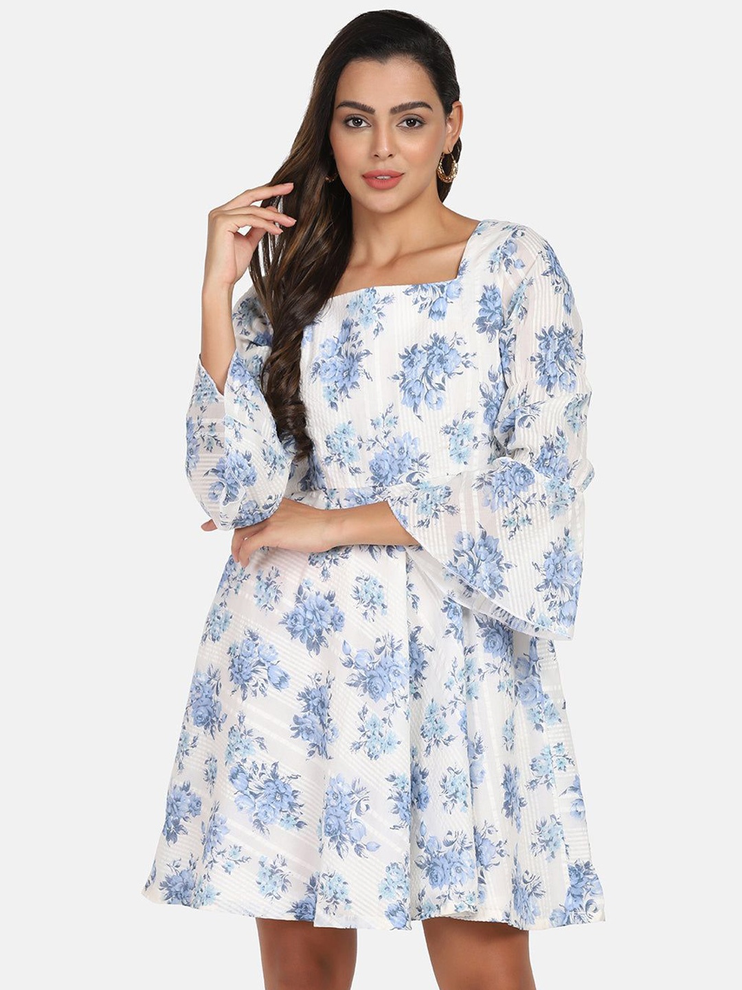 

PowerSutra Floral Printed Puff Sleeve Fit & Flare Dress, White