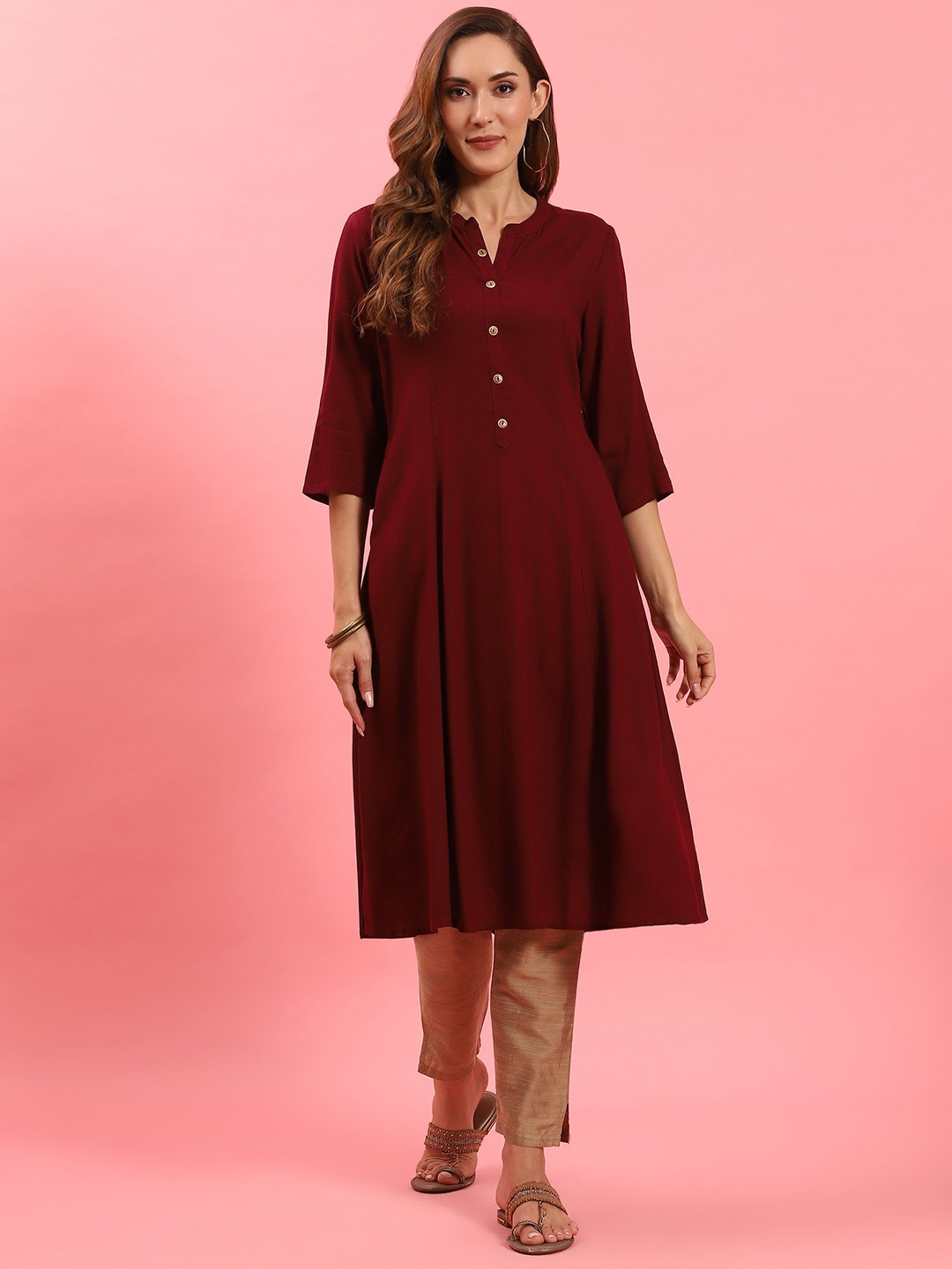 

Shree Mandarin Collar Three Quarter Liva A-Line Kurta, Burgundy