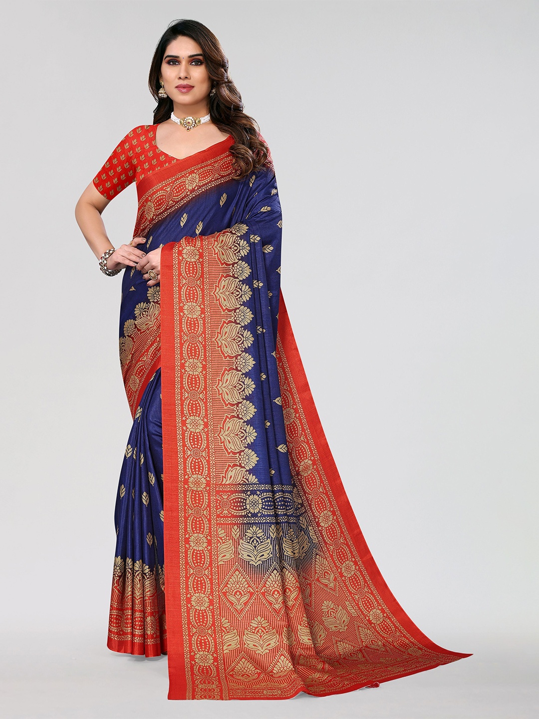 

VIRICA Floral Printed Saree With Solid Border, Navy blue