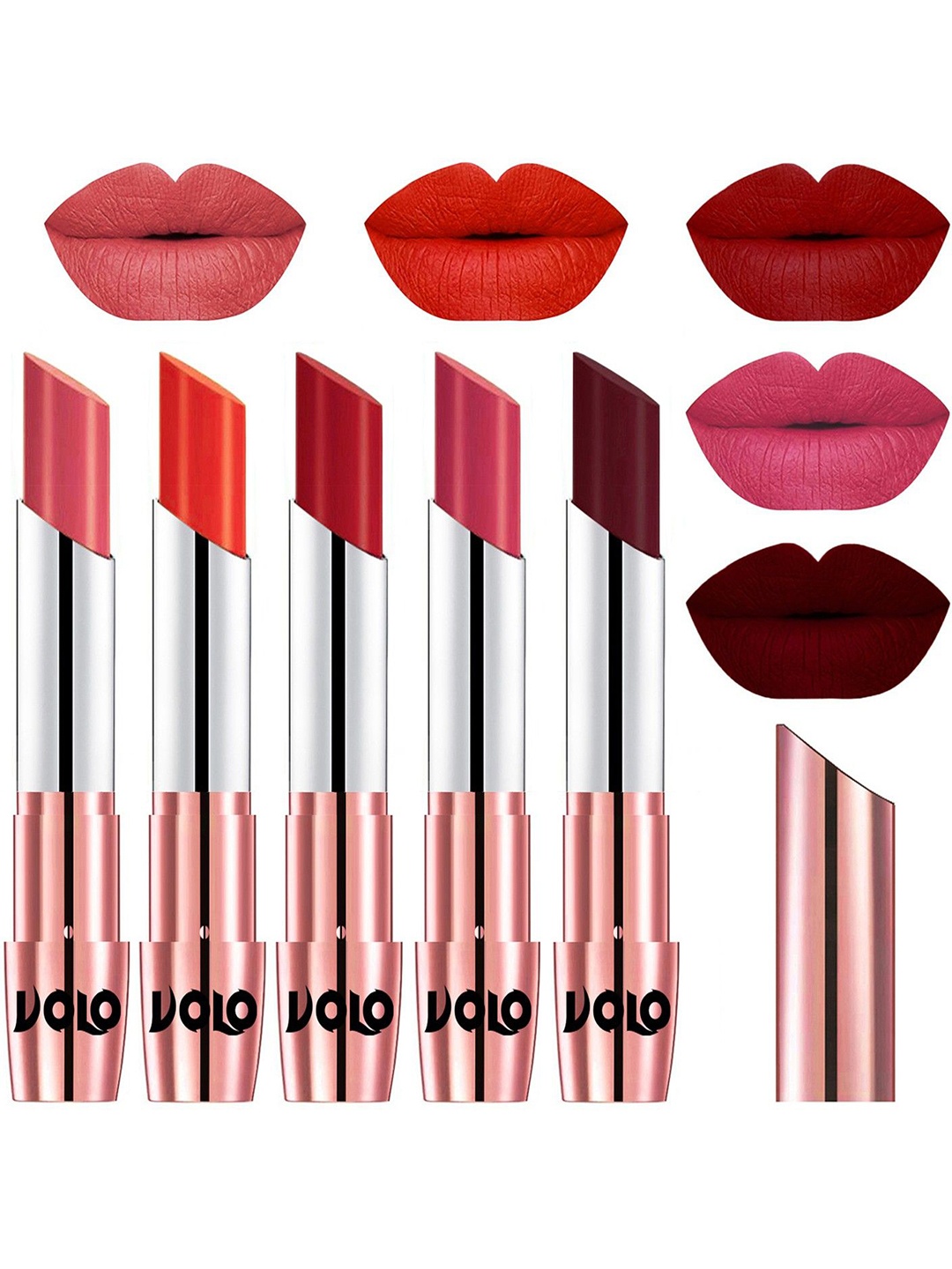 

VOLO Set Of 5 Creme Matte Lipstick-Dark Peach-Coral-Tomato Red-Pink-Maroon