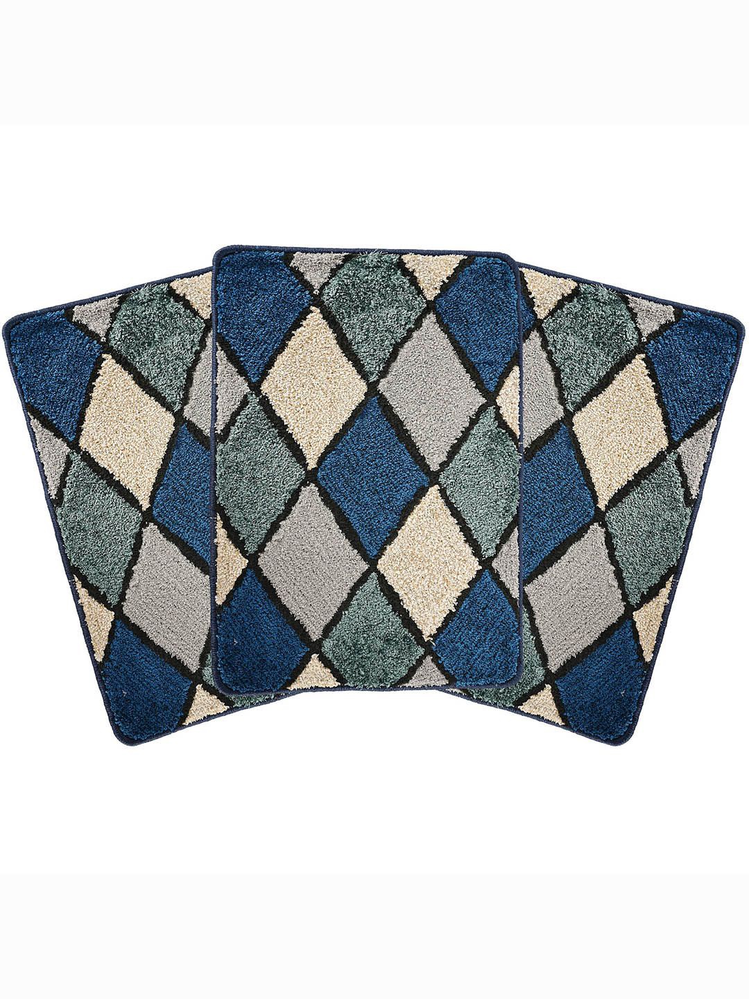 

Kuber Industries Blue & Beige 3 Pieces Checked Microfiber Anti-Skid Door Mats