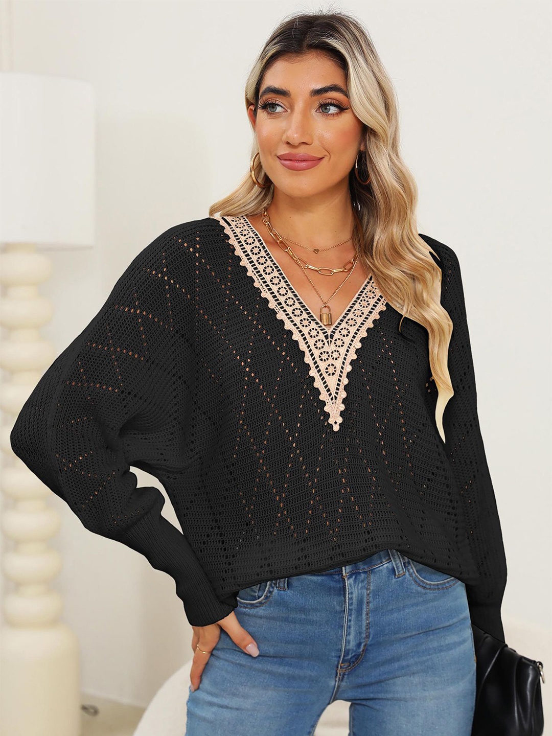 

StyleCast x Revolte Women Self Design Pullover Sweater, Black
