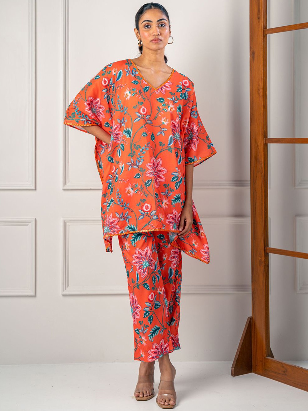 

India Circus by Krsnaa Mehta Tangy Lilies Floral Printed Tunic & Trouser, Orange