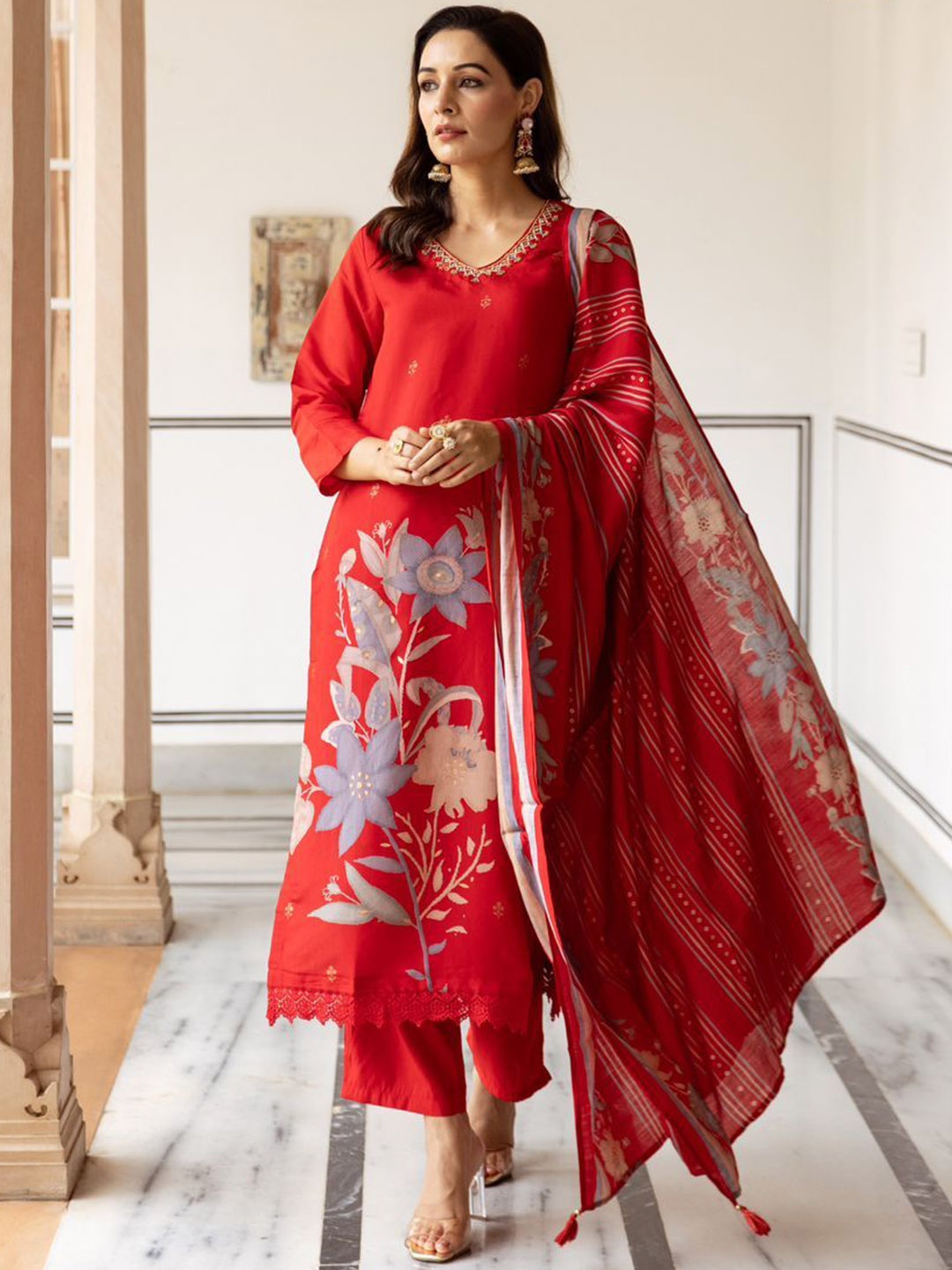

Anouk Floral Printed Regular Chanderi Silk Zari Straight Kurta with Trousers & Dupatta, Red