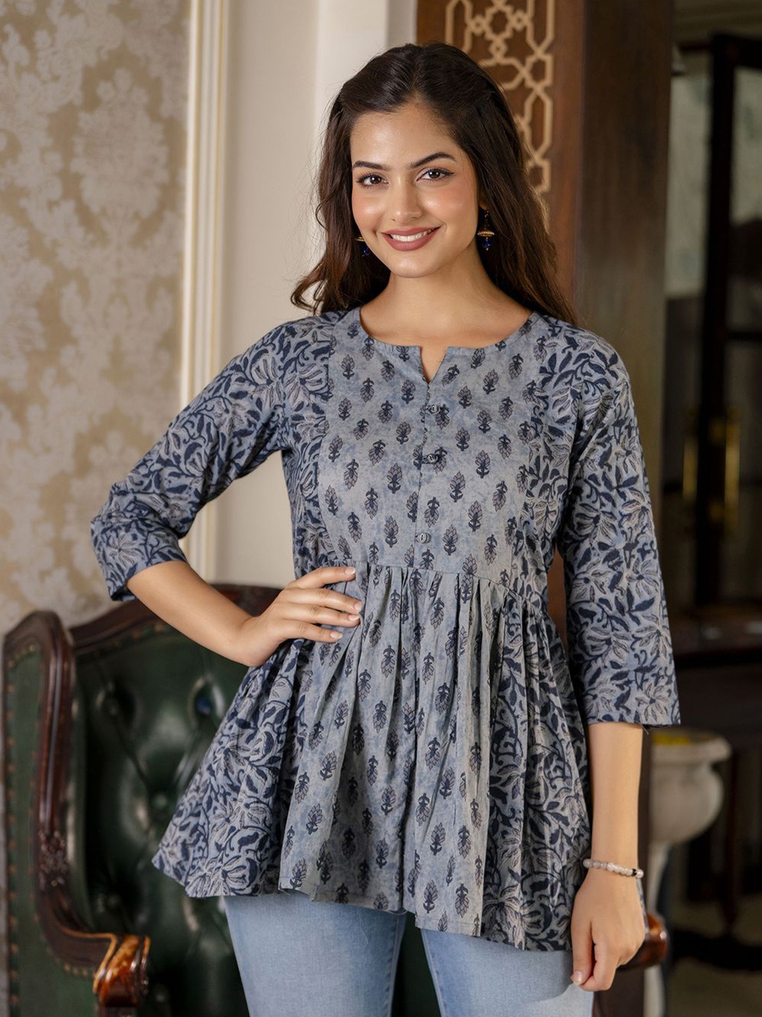 

Nayo Women Ethnic Motifs Printed Round Neck Cotton Top, Grey
