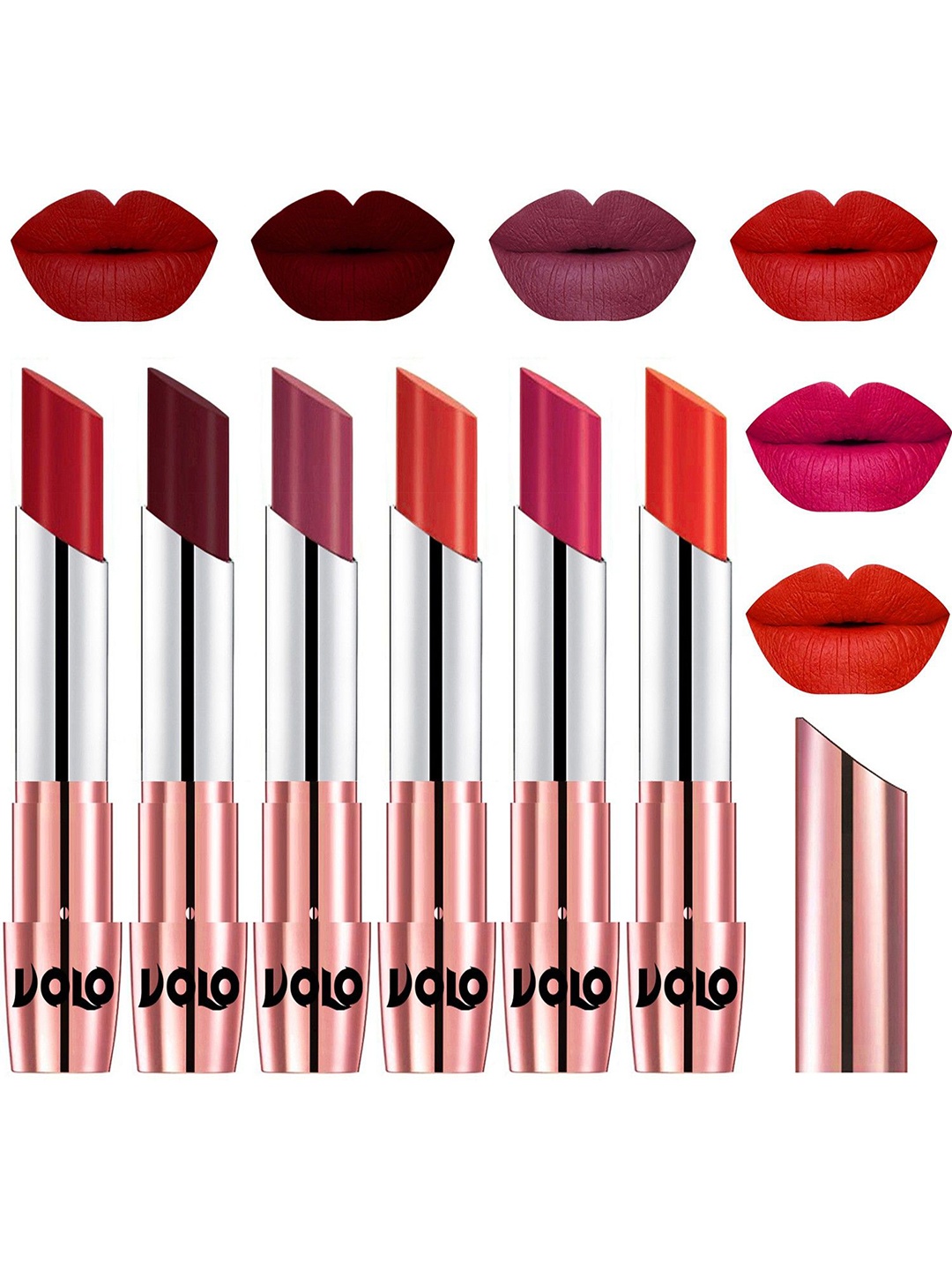 

VOLO Set Of 6 Creme Matte Lipstick-Tomato Red-Maroon-Cherry-Orange-Passion Pink-Coral