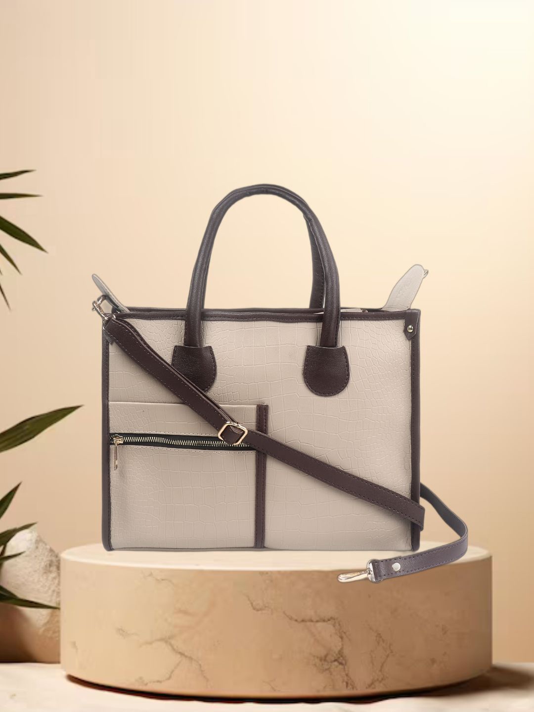 

yelloe Colourblocked Handheld Bag with Applique, Beige