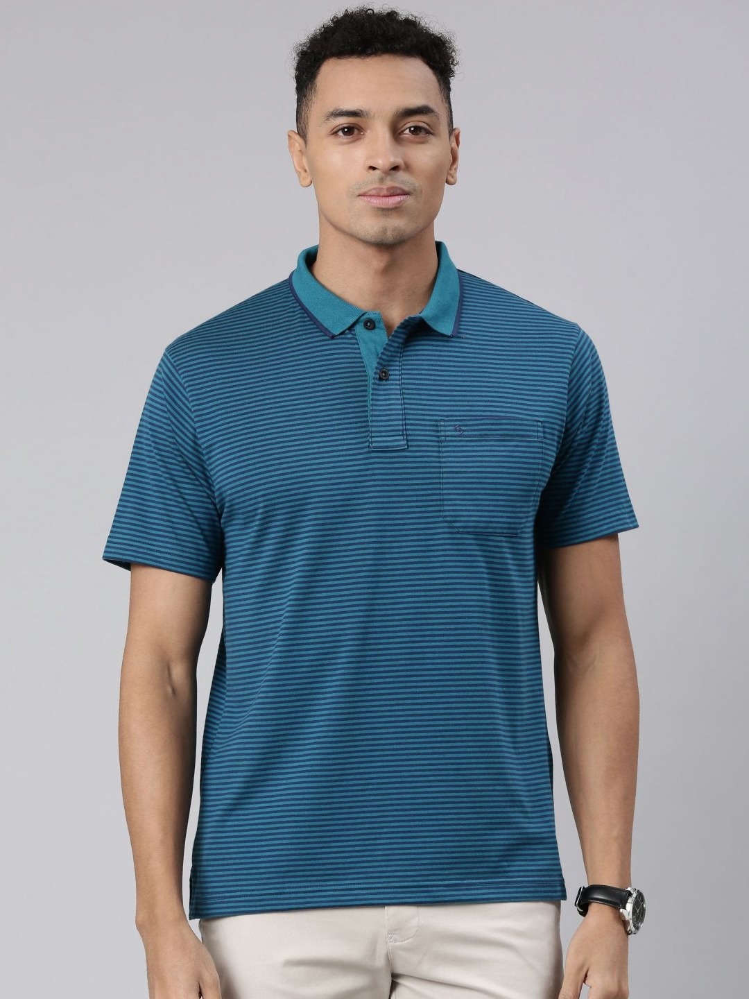 

Classic Polo Men Striped Polo Collar Cotton T-shirt, Teal