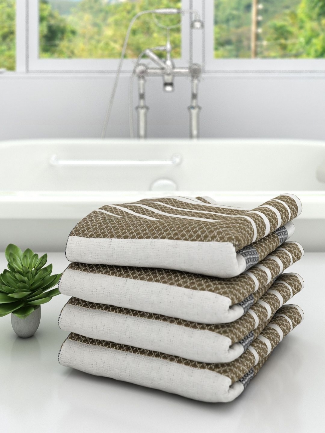 

Aura Off White & Brown 4 Pieces Self Design 210 GSM Quick Dry Pure Cotton Bath Towels