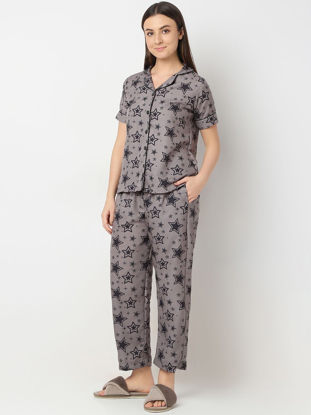 

Smarty Pants Women Geometric Printed Lapel Collar Night suit, Charcoal