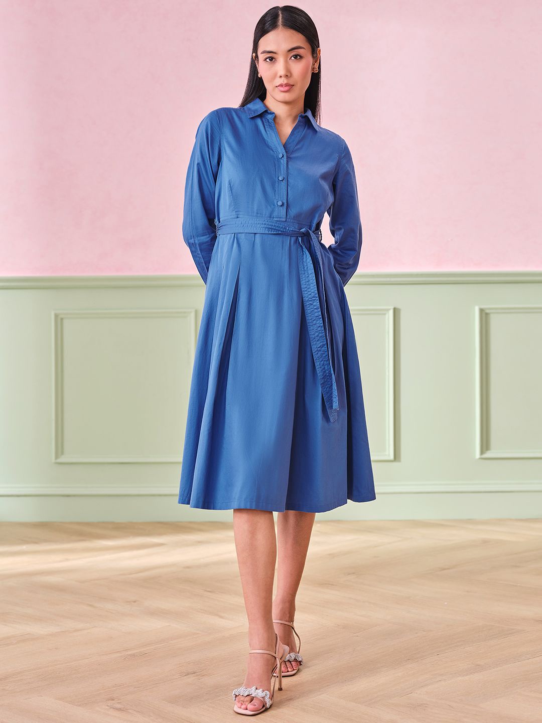 

AND Shirt Women Solid Long Sleeves A-Line Dress, Blue
