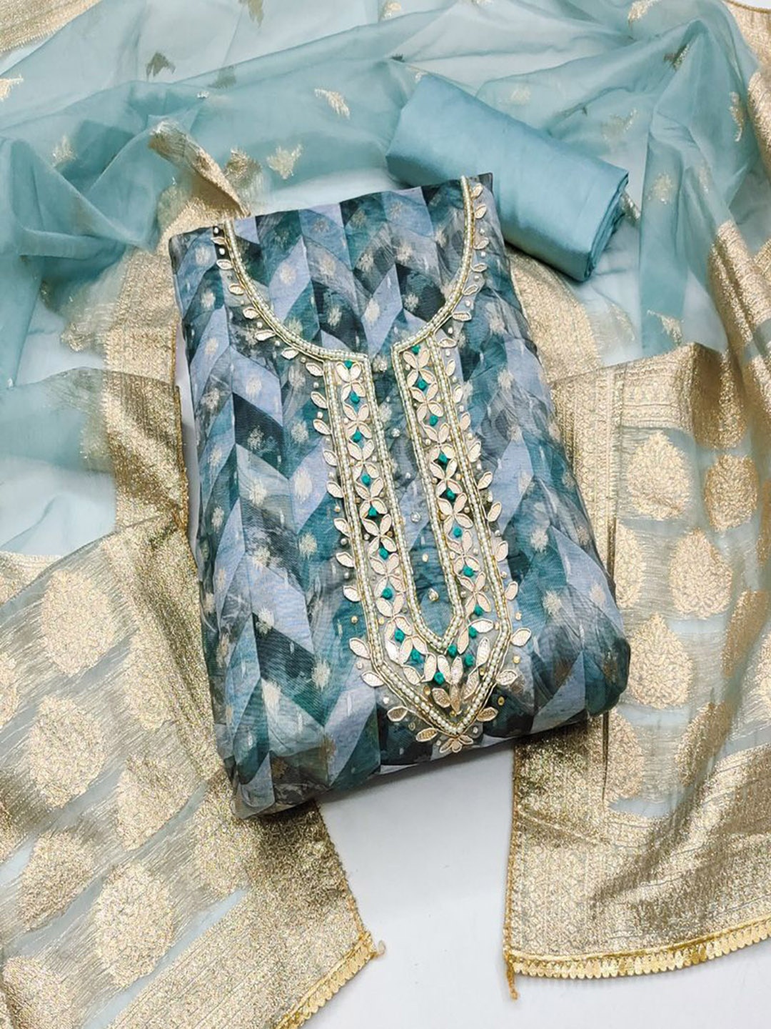 

ASISA Embroidered Zardozi Organza Unstitched Dress Material, Turquoise blue