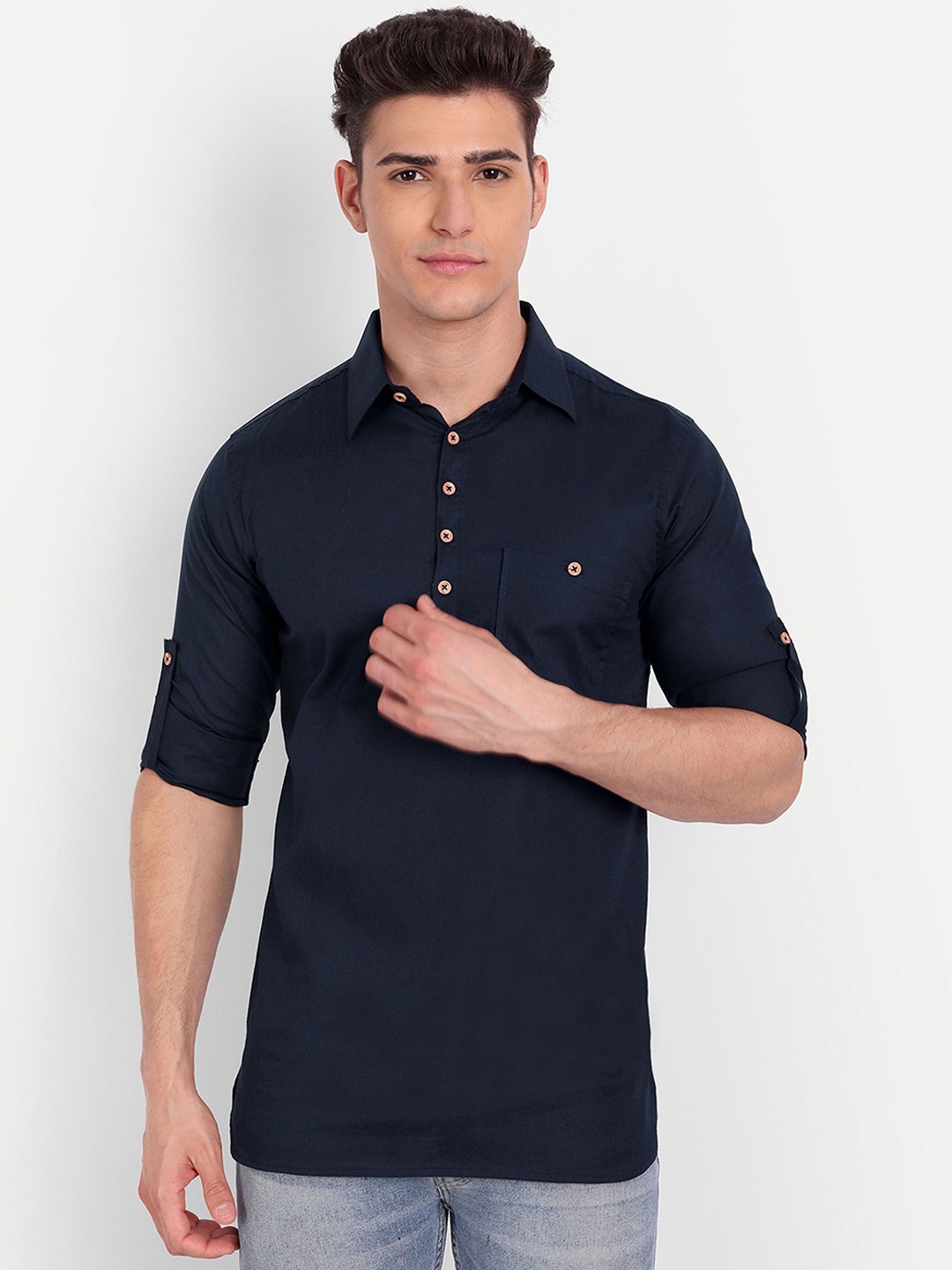 

univibe Shirt Collar Roll-Up Sleeves Pure Cotton Straight Kurta, Navy blue
