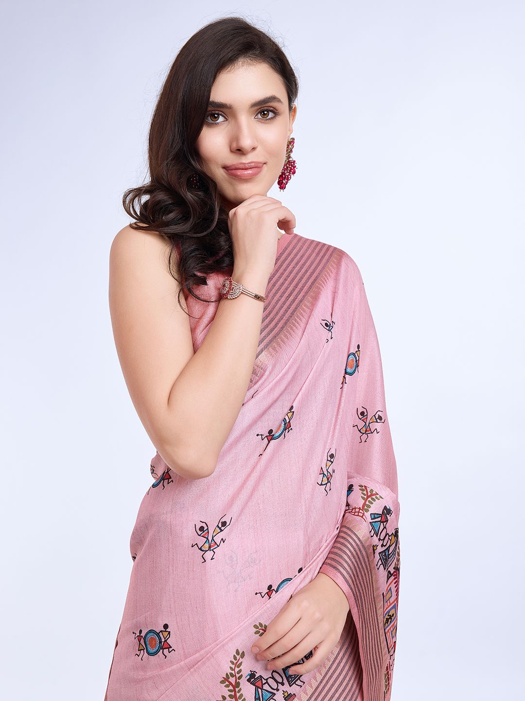 

Mitera Warli Printed Zari Saree With Blouse Piece, Pink