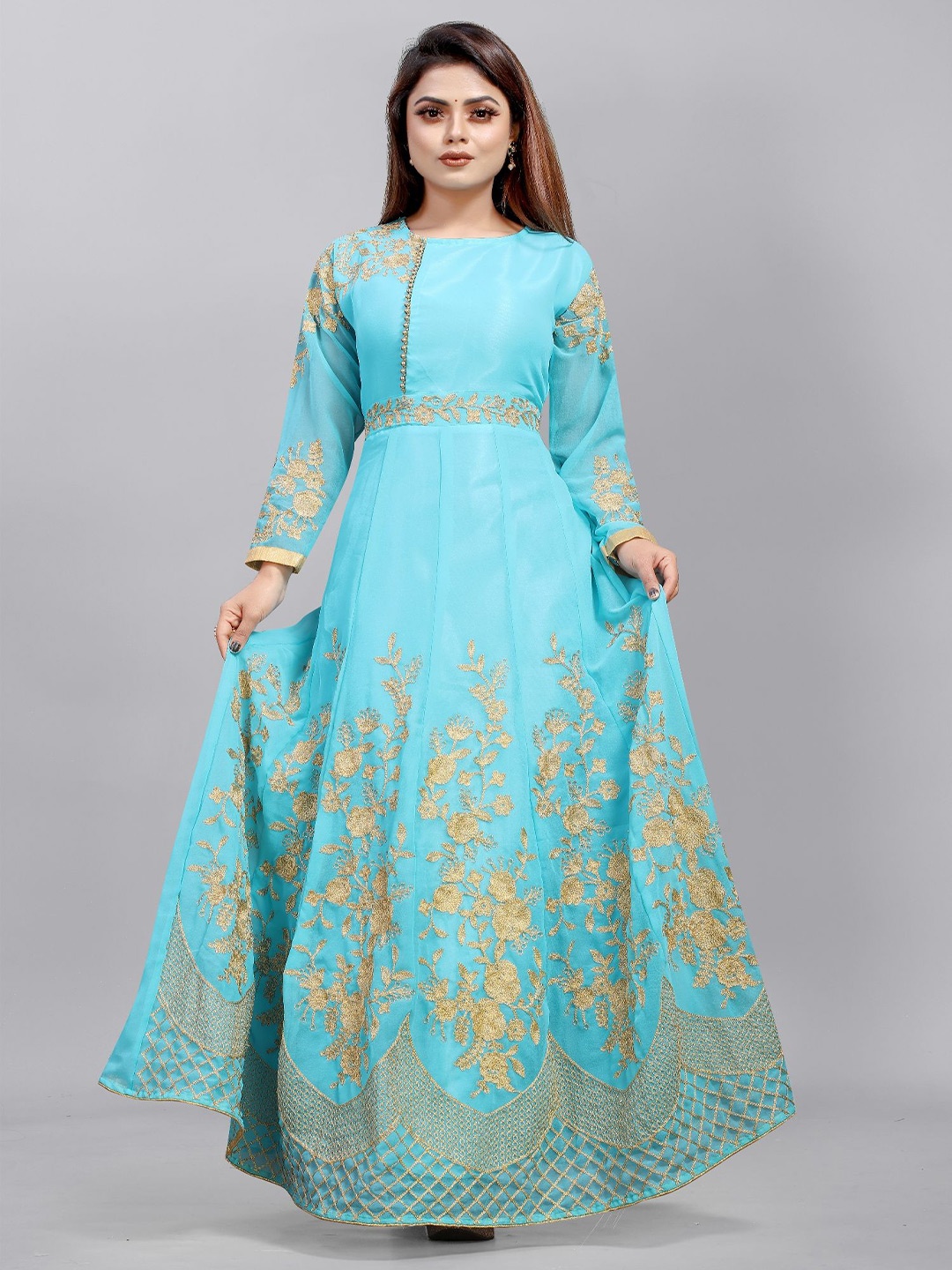 

LADY SHOPI Floral Embroidered Georgette Ethnic Maxi Dress, Turquoise blue