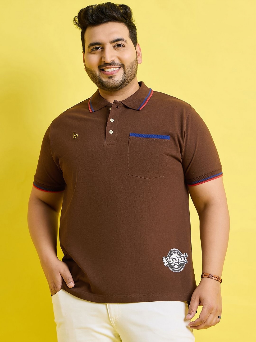 

bigbanana Originals Men Polo Collar Bio Finish Plus Size T-shirt, Brown