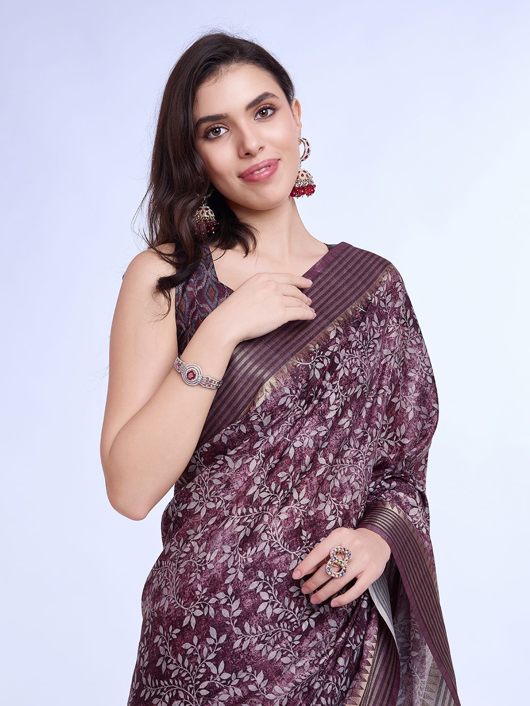 

all about you Ethnic Motif Printed Striped Border Saree, Purple