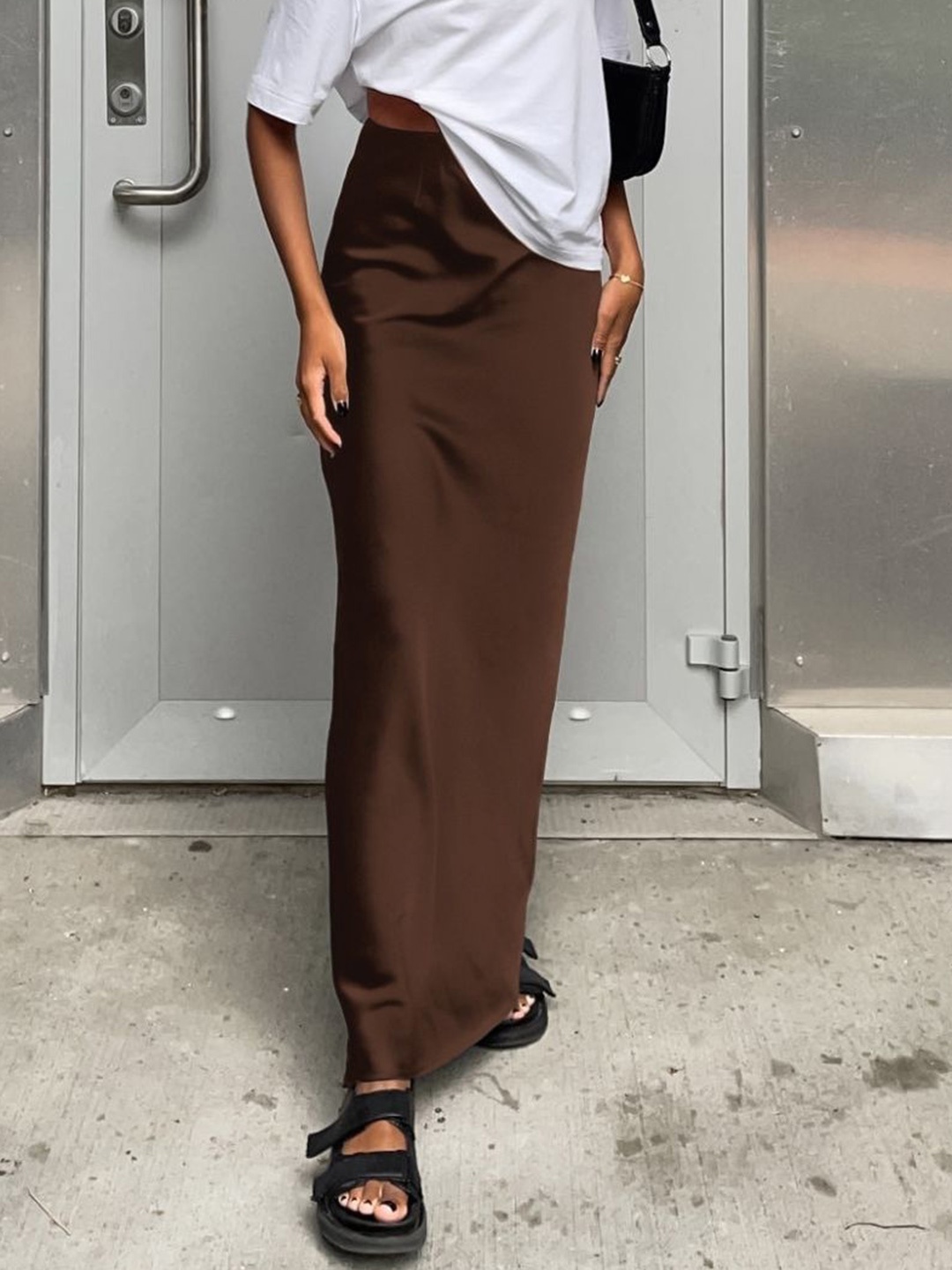 

KPOP Solid Straight Maxi Slip-On Skirt, Brown