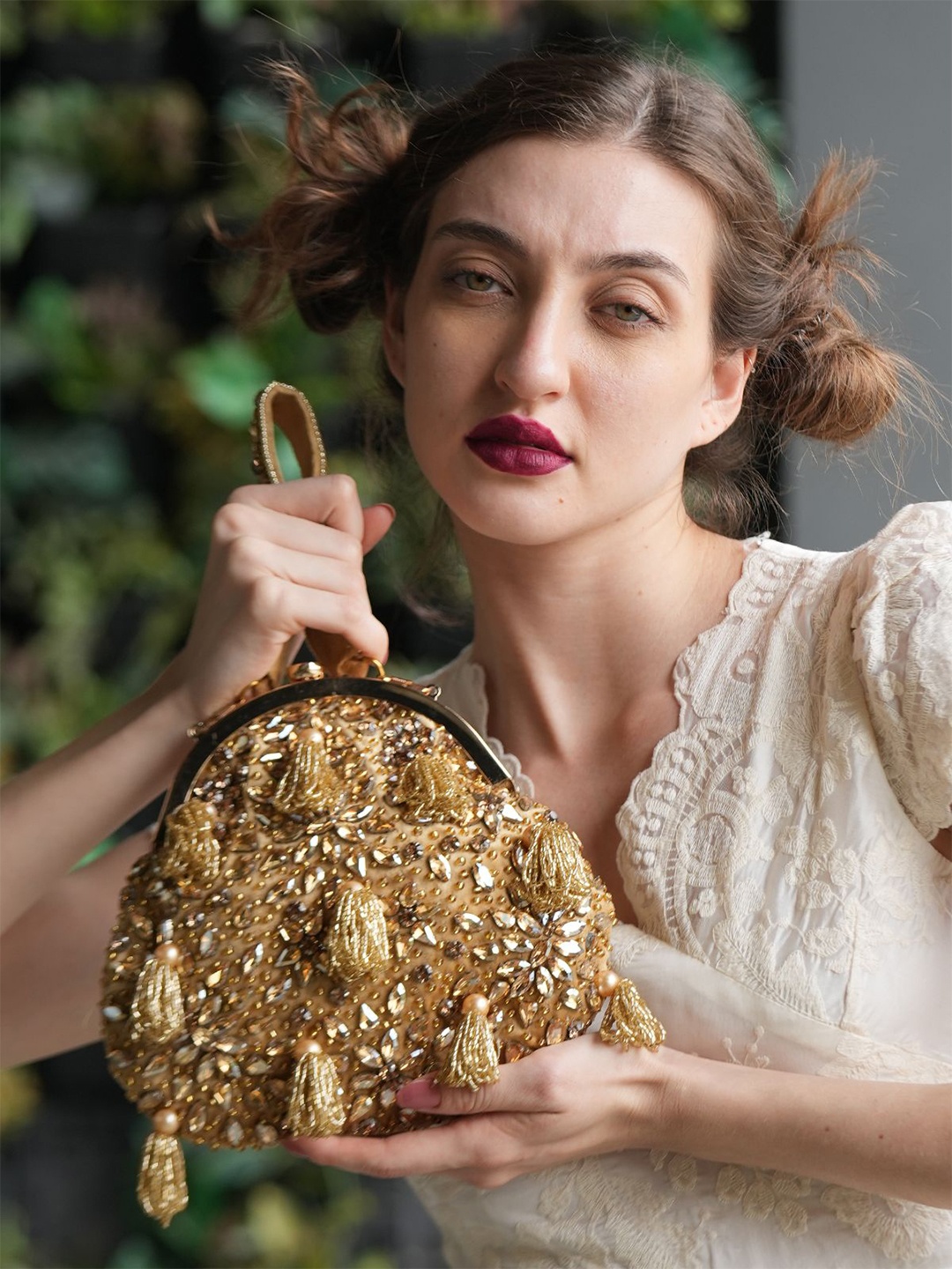 

ODETTE Embellished Batuwa Potli Clutch, Beige