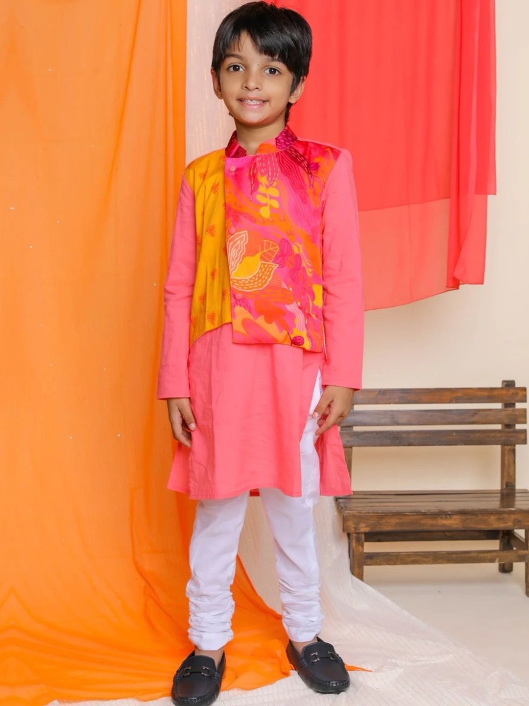 

Miko Lolo Nargis Boys Printed Pure Cotton Straight Kurta With Attached Jacket & Churidar, Pink