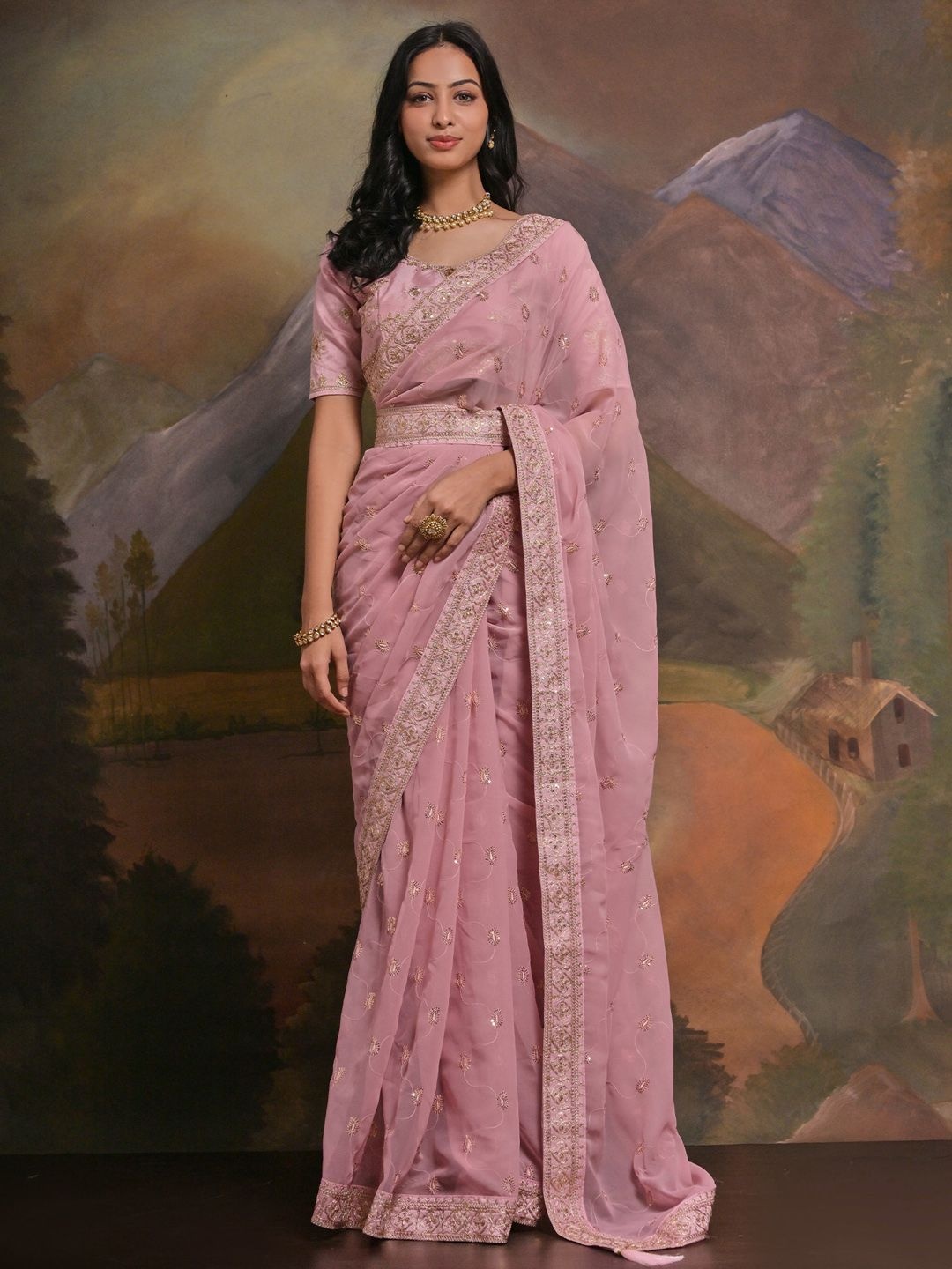 

Sangria Georgette Embellished Saree With Matching Blouse, Pink