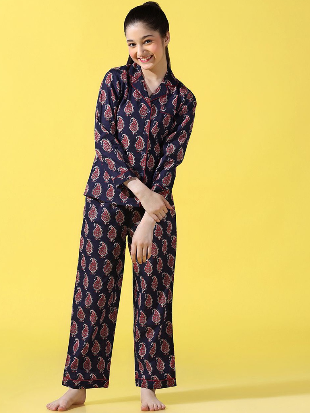 

Cherry & Jerry Girls Ethnic Motifs Printed Night suit, Navy blue