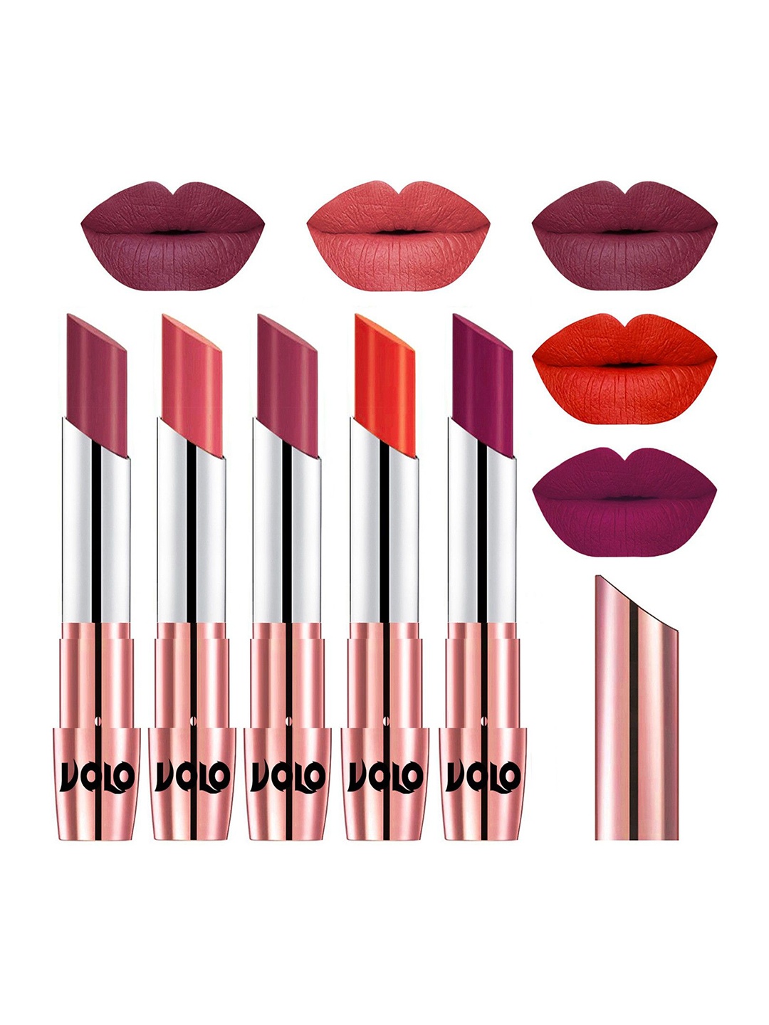

VOLO Set Of 5 Creme Matte Lipstick-17.5 g Each-Cherry-Dark Peach-Rose Pink- Coral-Magen, Red
