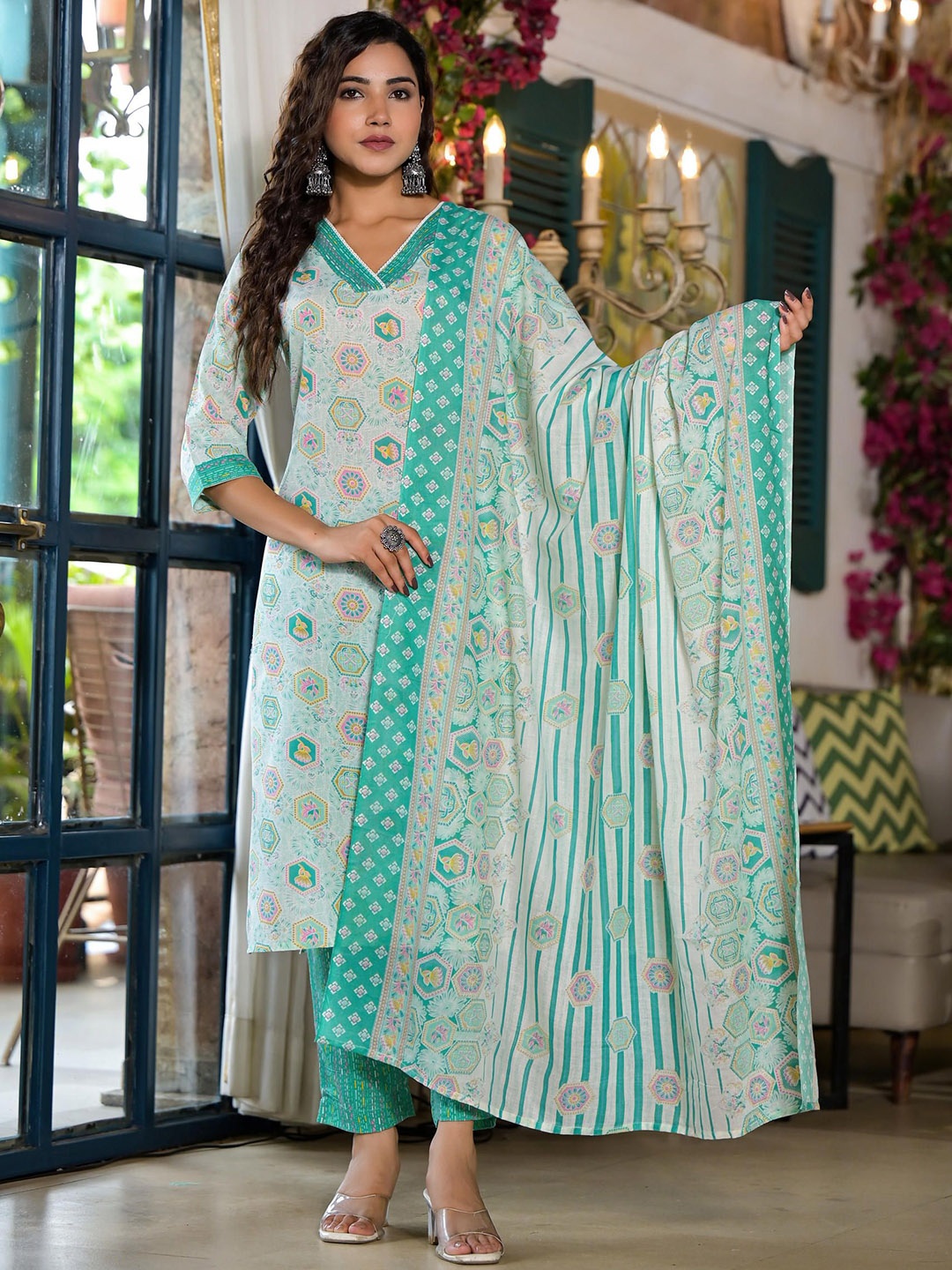 

Juniper Floral Printed V-Neck Kurta With Trousers & Dupatta, Green