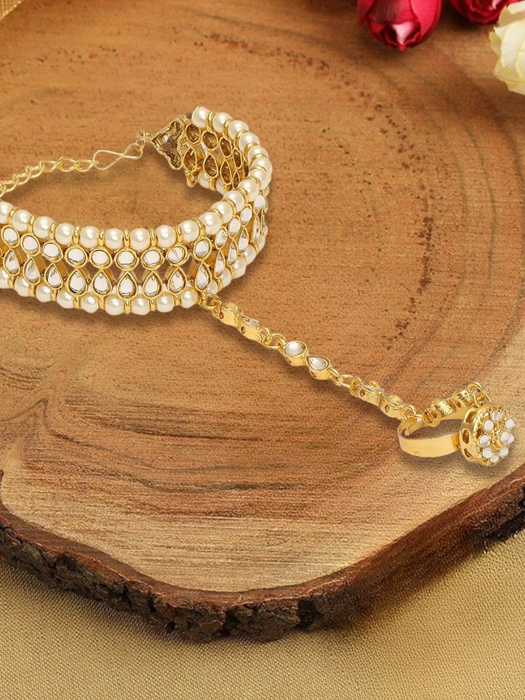 

House of Pataudi Kundan Studded & Beaded Wraparound Bracelet, Gold