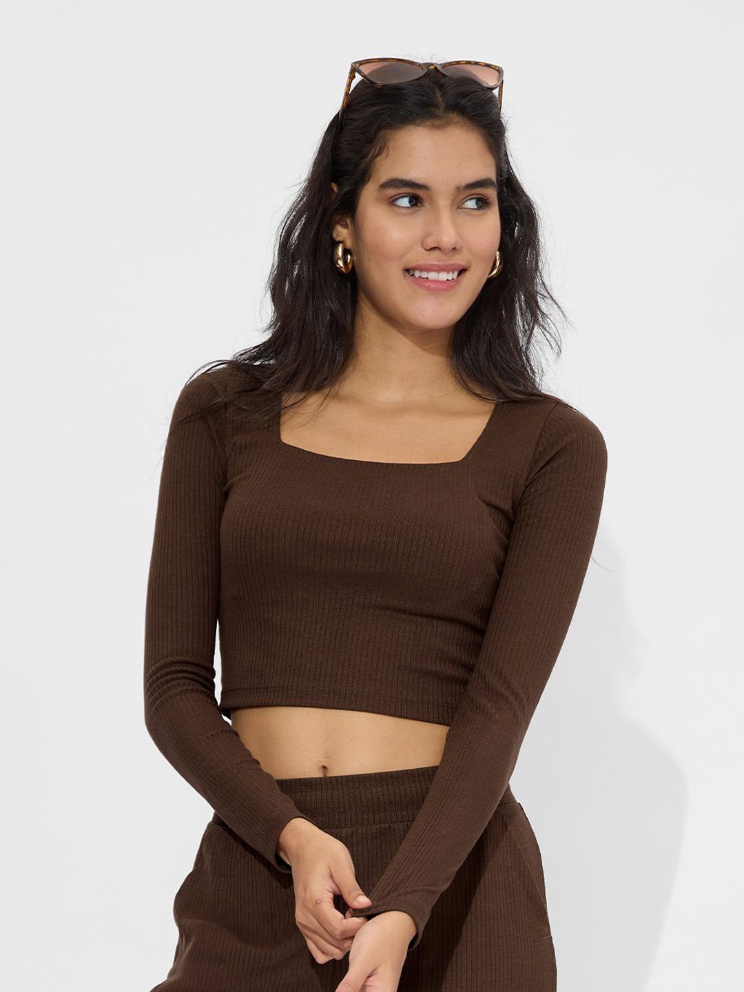 

The Souled Store Women Solid Square Neck Crop Top, Brown