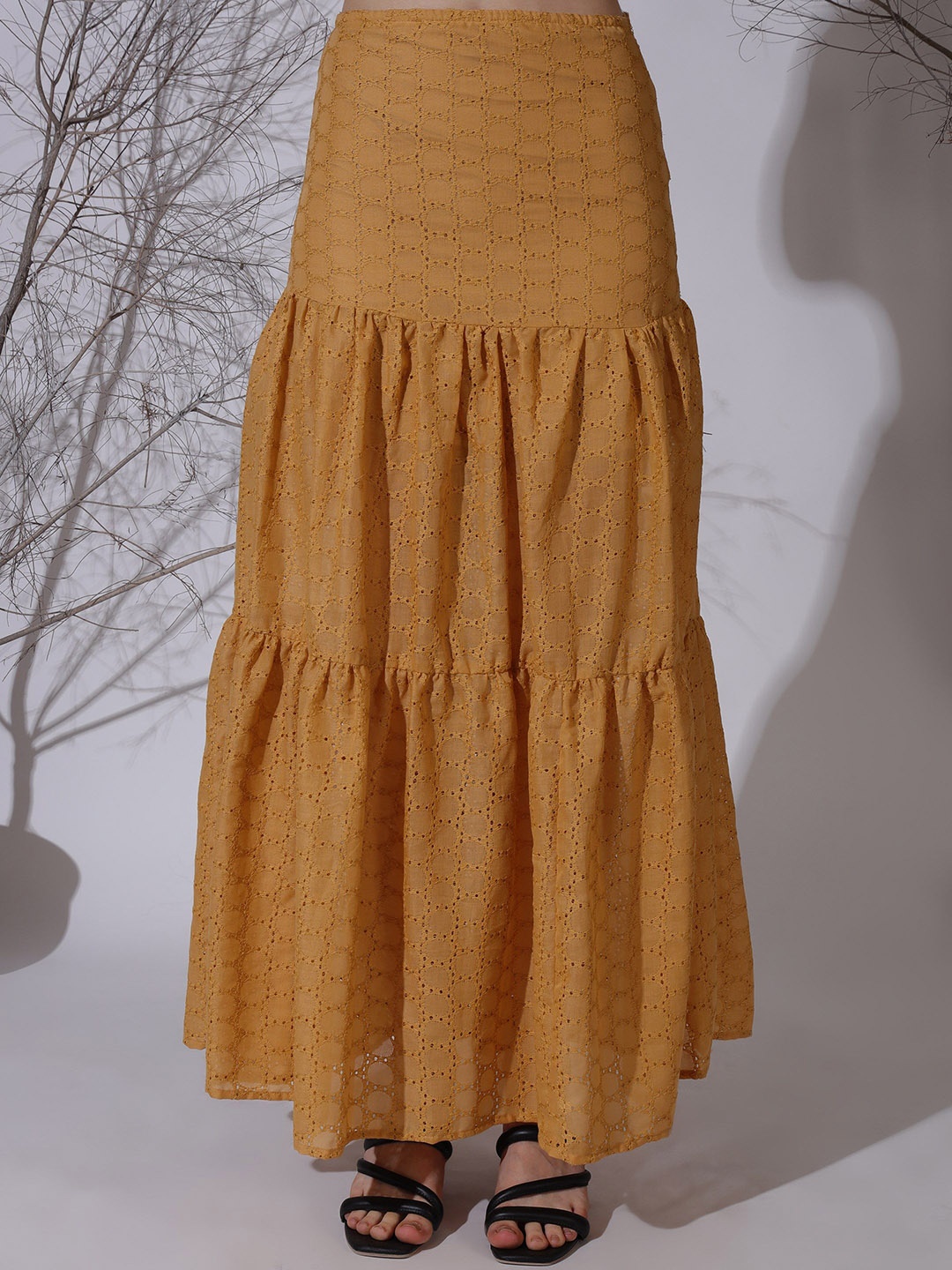 

NEUDIS Women Woven Design Tiered Maxi Skirt, Brown