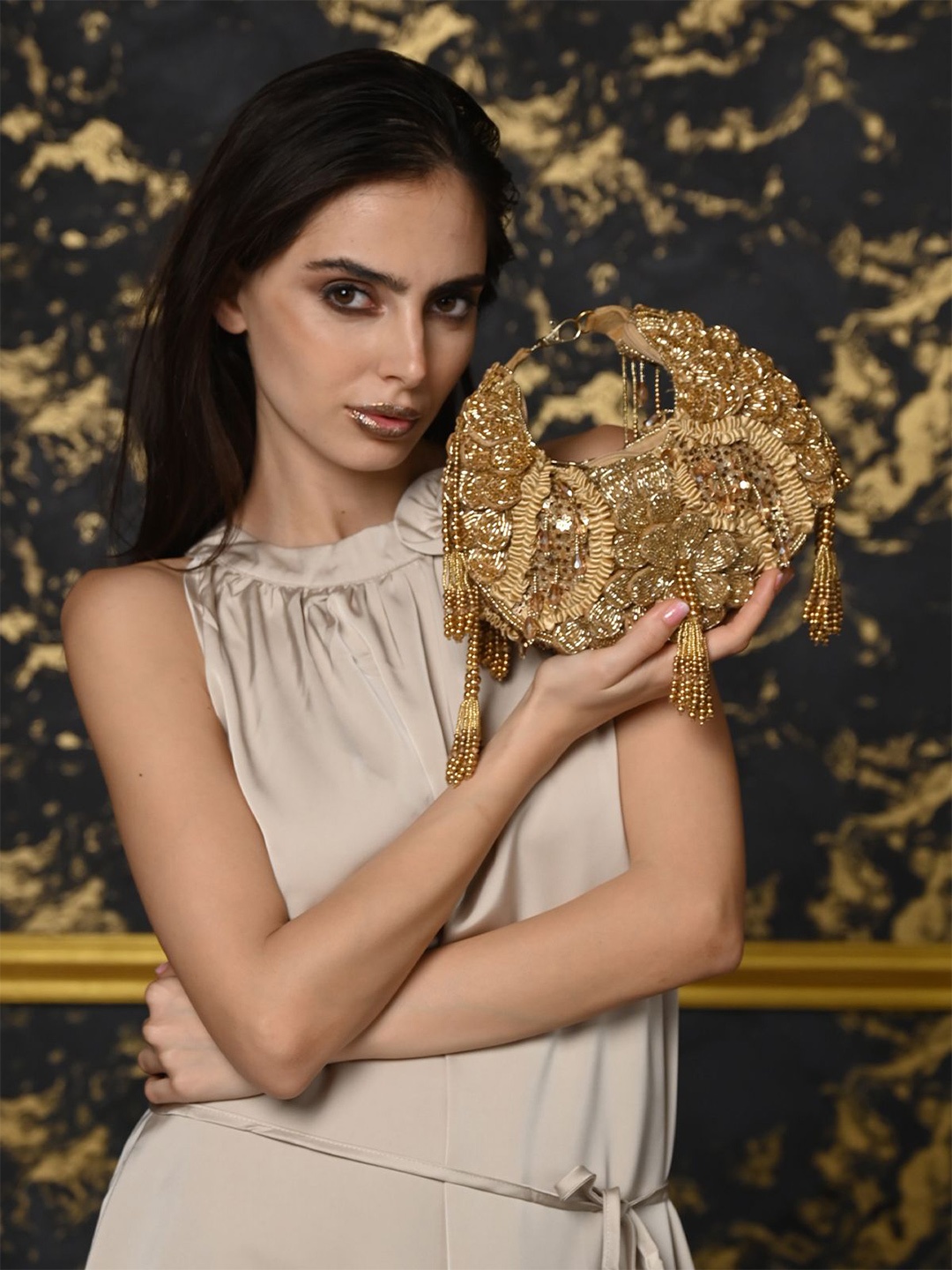 

ODETTE Embellished Tasselled Half Moon Clutch, Beige