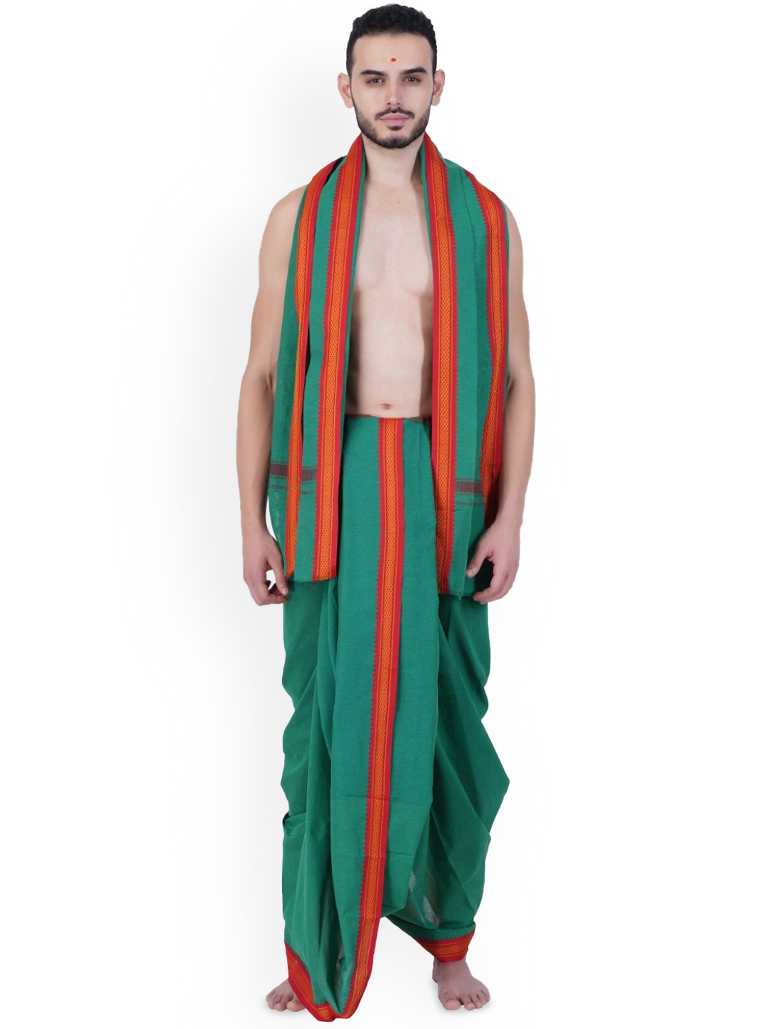 

Ethazh Men Cotton Dhotis With Angavastram, Green