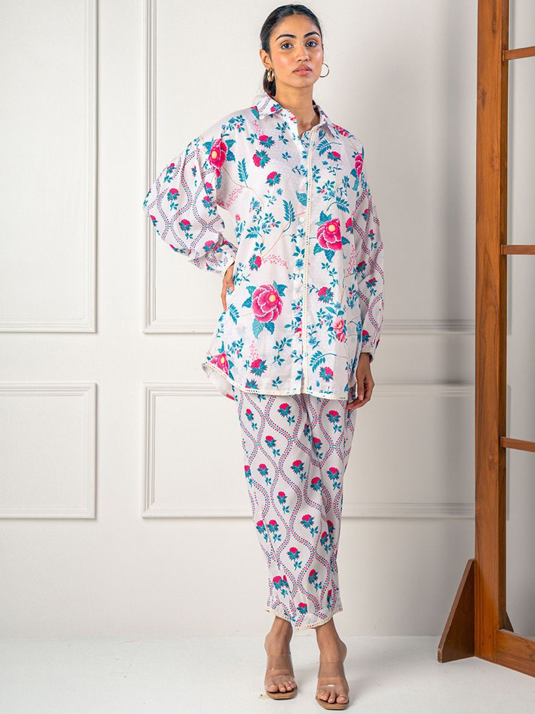 

India Circus by Krsnaa Mehta Flowered Flamingo Floral Printed Shirt & Trouser, White
