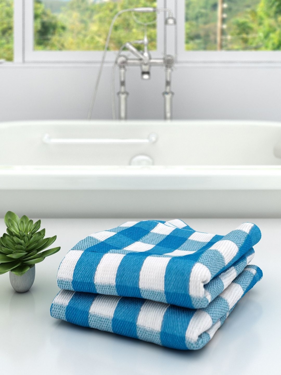 

Aura White & Blue 2 Pieces Checked 210 GSM Pure Cotton Quick-Dry Bath Towel